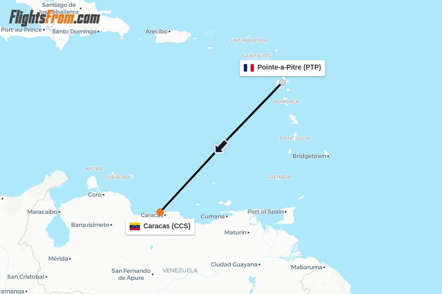 Flights from Pointe-a-Pitre to Caracas route map