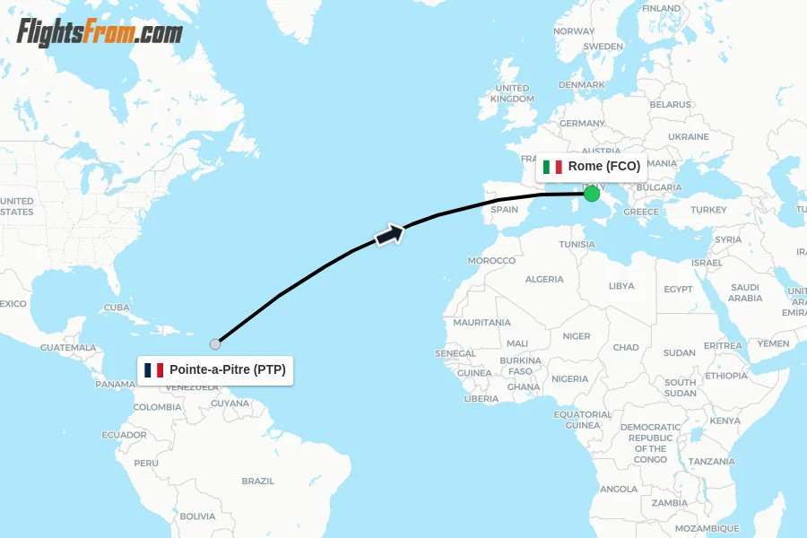 Flights from Pointe-a-Pitre to Rome route map