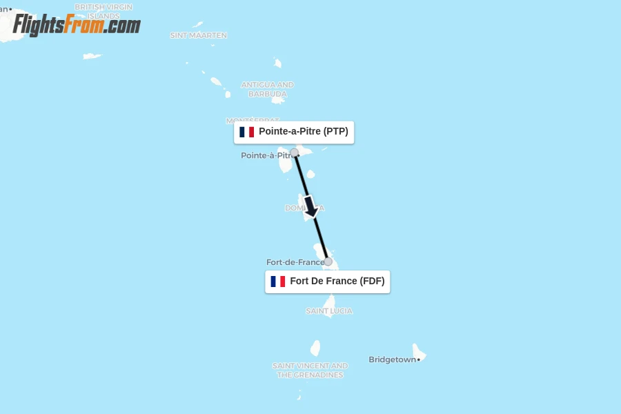 Flights from Pointe-a-Pitre to Fort De France route map