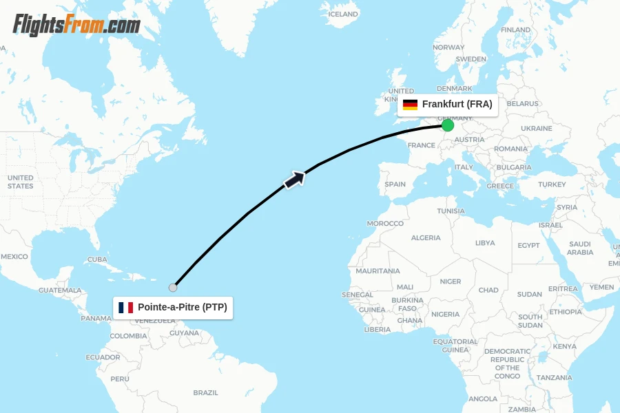 Flights from Pointe-a-Pitre to Frankfurt route map
