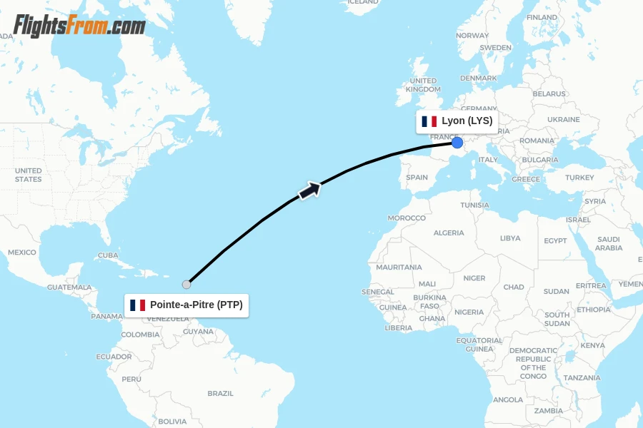 Flights from Pointe-a-Pitre to Lyon route map