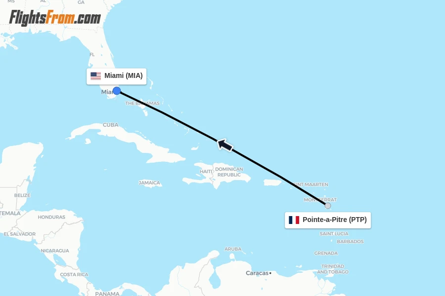Flights from Pointe-a-Pitre to Miami route map