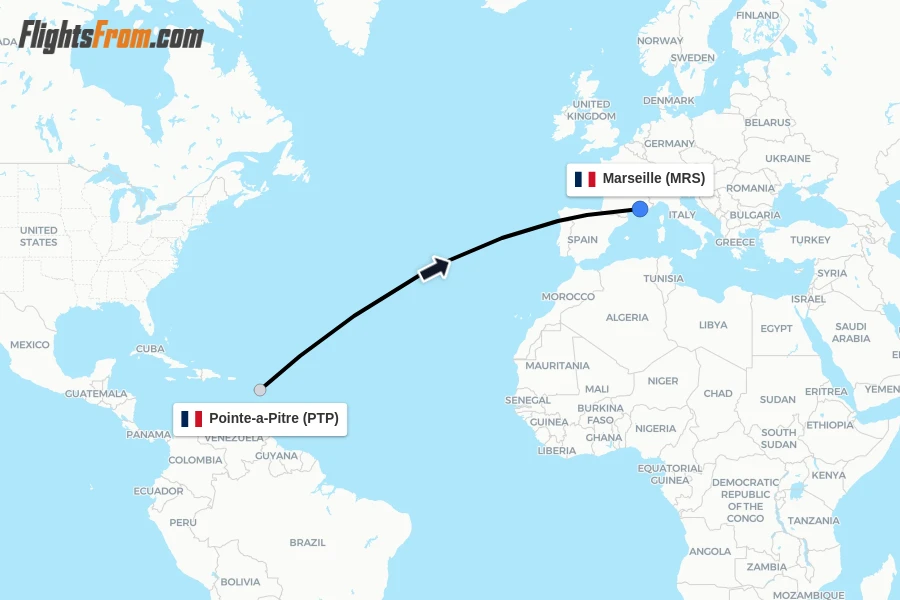 Flights from Pointe-a-Pitre to Marseille route map