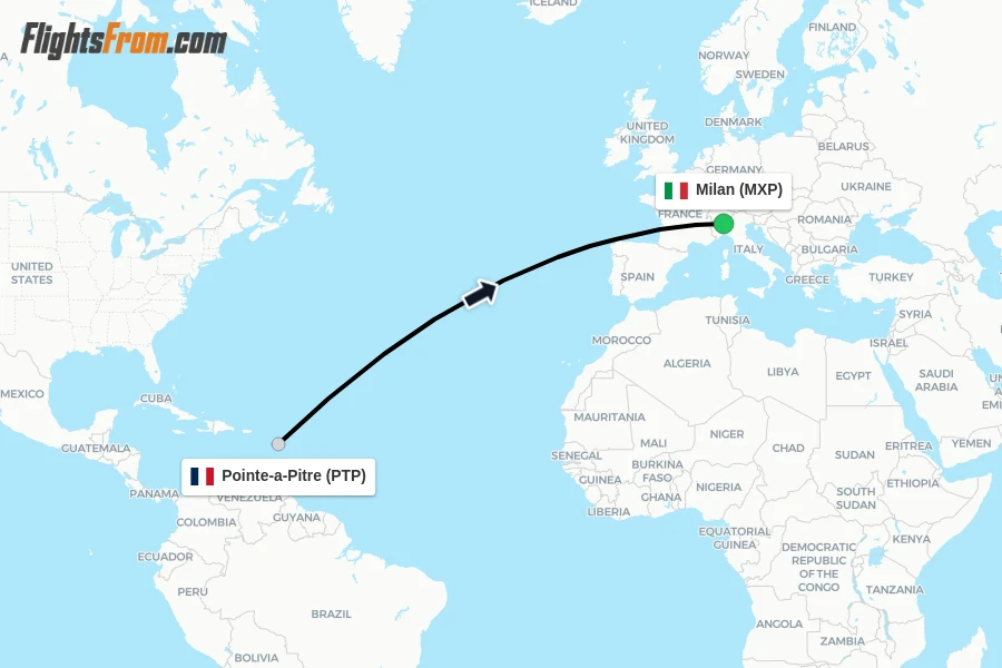 Flights from Pointe-a-Pitre to Milan route map