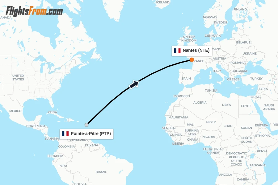 Flights from Pointe-a-Pitre to Nantes route map