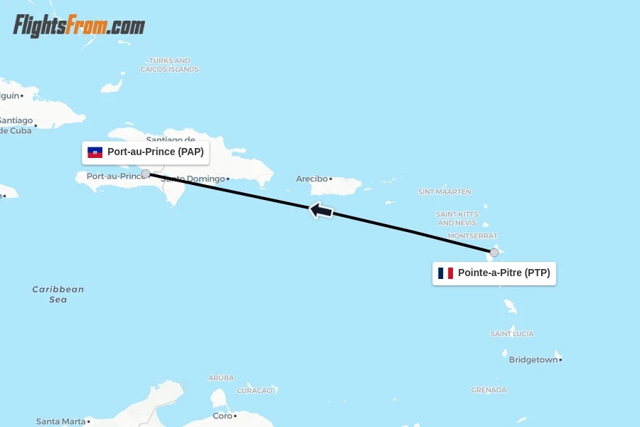 Flights from Pointe-a-Pitre to Port-au-Prince route map
