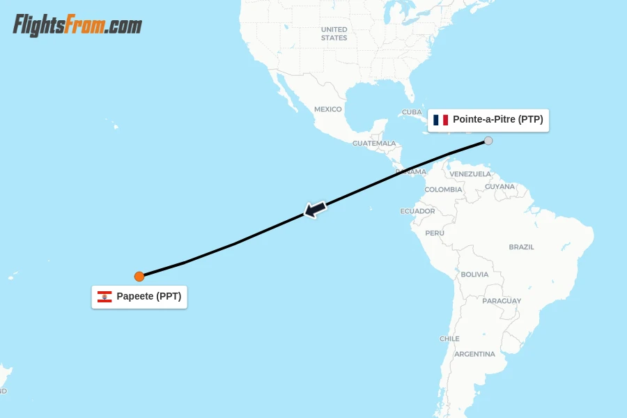 Flights from Pointe-a-Pitre to Papeete route map