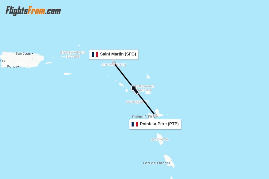 Flights from Pointe-a-Pitre to Saint Martin route map