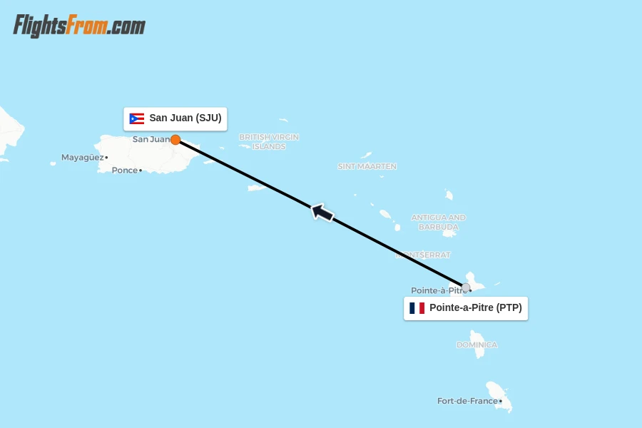 Flights from Pointe-a-Pitre to San Juan route map