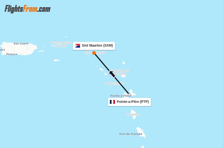 Flights from Pointe-a-Pitre to Sint Maarten route map