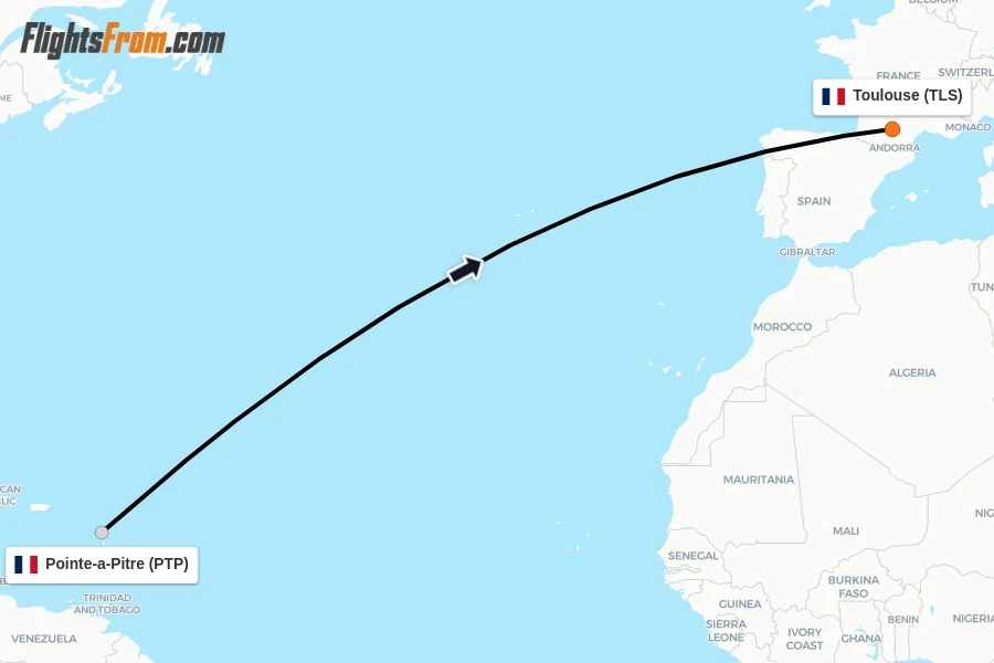 Flights from Pointe-a-Pitre to Toulouse route map