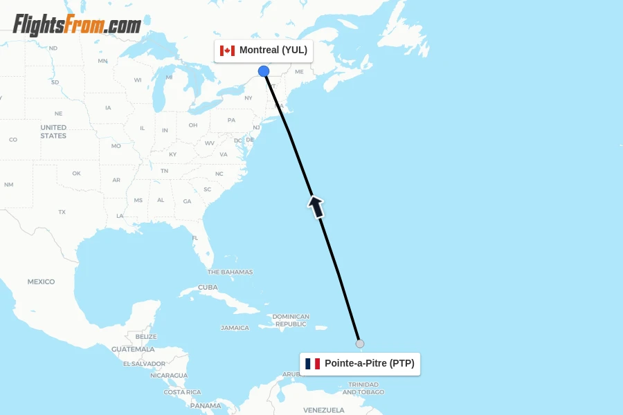Flights from Pointe-a-Pitre to Montreal route map
