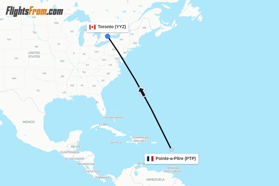 Flights from Pointe-a-Pitre to Toronto route map