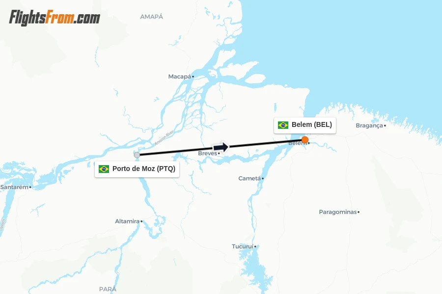 Flights from Porto de Moz to Belem route map