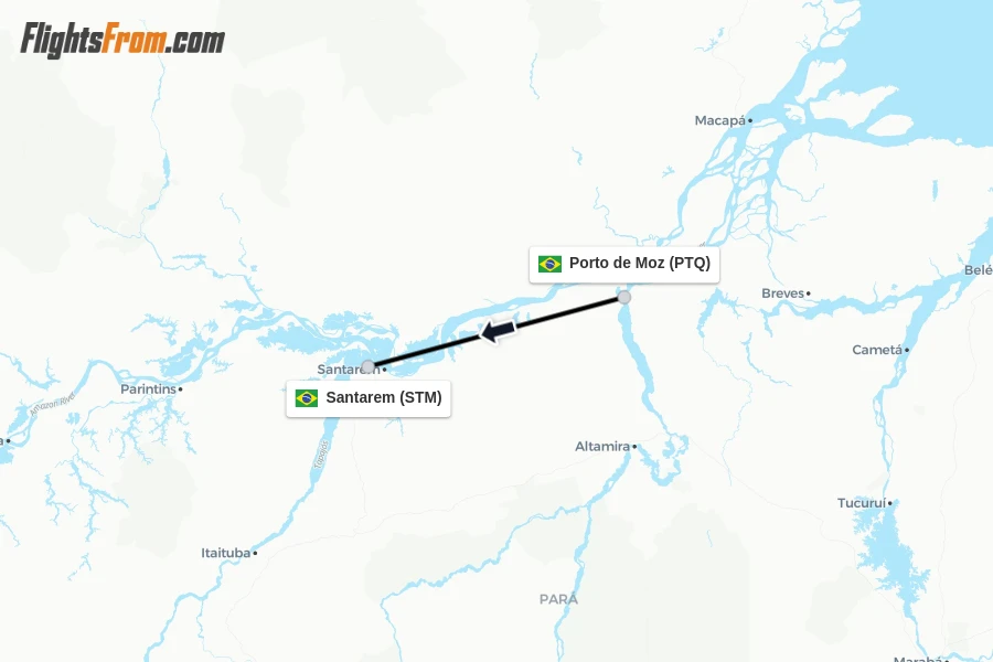 Flights from Porto de Moz to Santarem route map