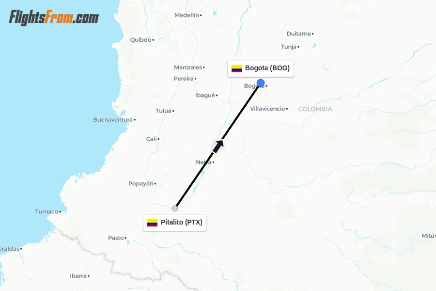 Flights from Pitalito to Bogota route map
