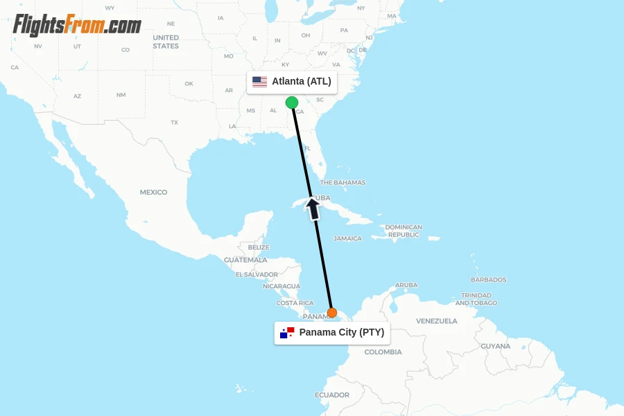 Flights from Panama City to Atlanta route map