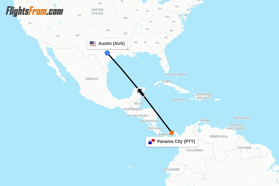Flights from Panama City to Austin route map