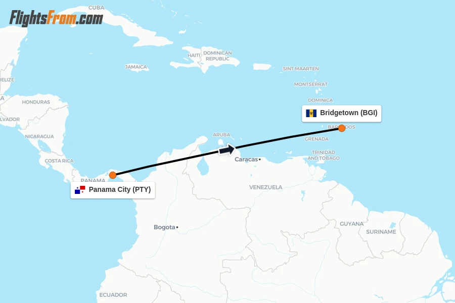 Flights from Panama City to Bridgetown route map