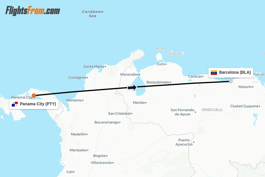 Flights from Panama City to Barcelona route map