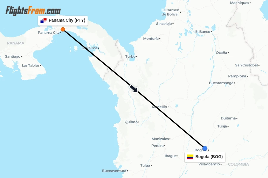 Flights from Panama City to Bogota route map