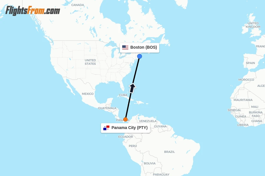 Flights from Panama City to Boston route map