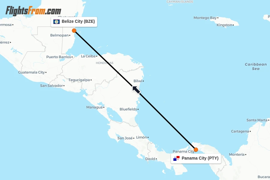 Flights from Panama City to Belize City route map