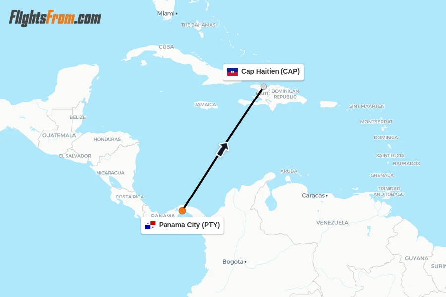 Flights from Panama City to Cap Haitien route map