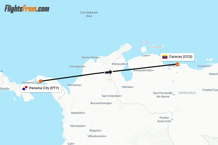 Flights from Panama City to Caracas route map