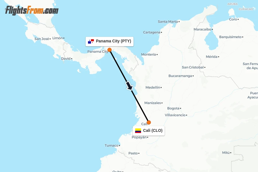 Flights from Panama City to Cali route map