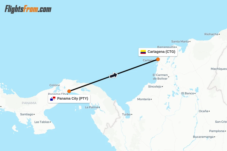 Flights from Panama City to Cartagena route map