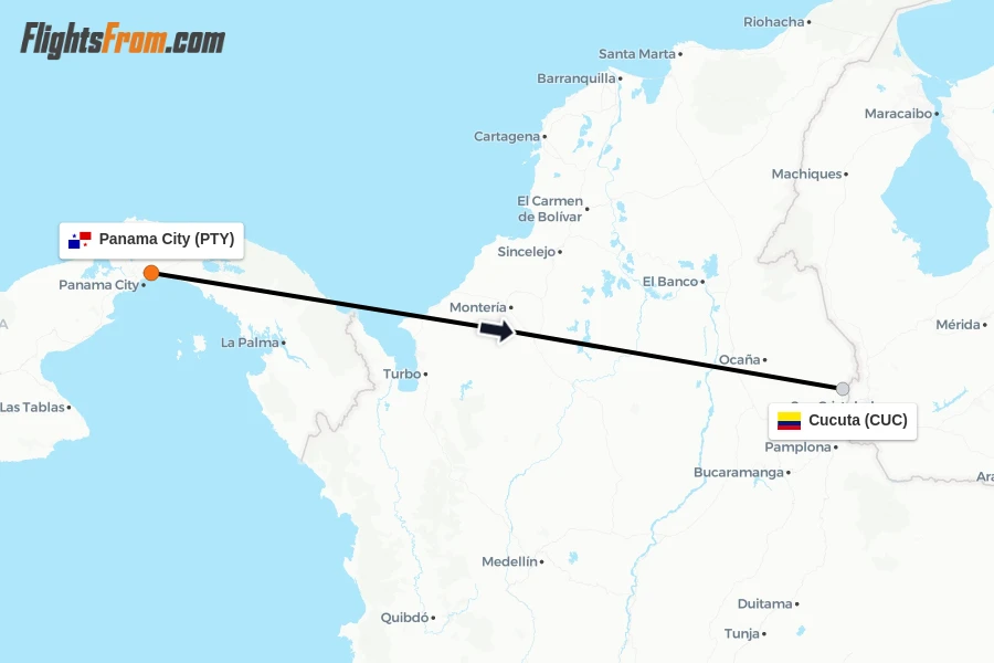 Flights from Panama City to Cucuta route map