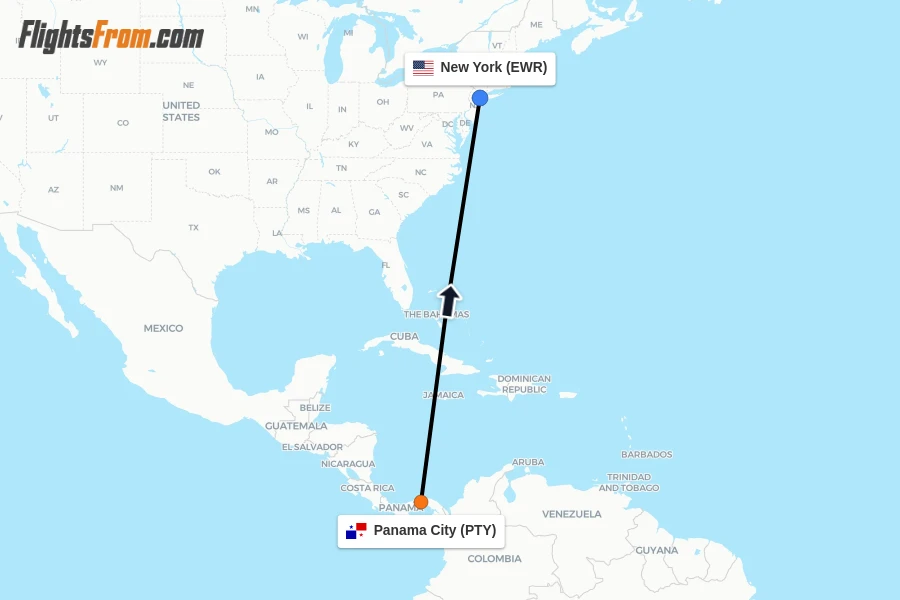 Flights from Panama City to New York route map