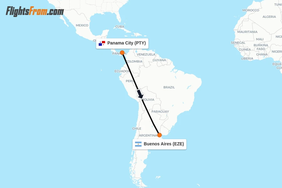 Flights from Panama City to Buenos Aires route map