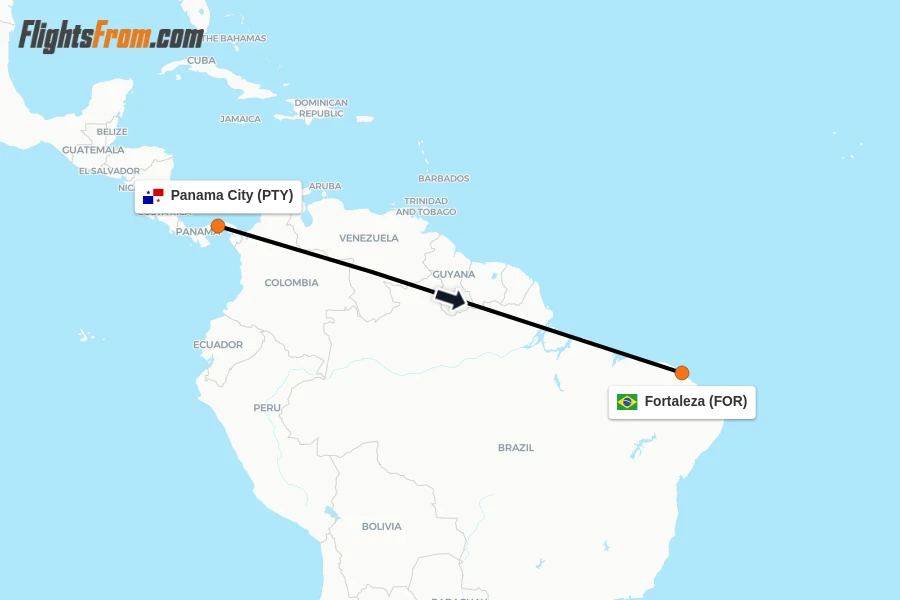 Flights from Panama City to Fortaleza route map