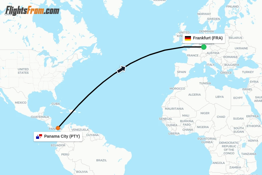 Flights from Panama City to Frankfurt route map