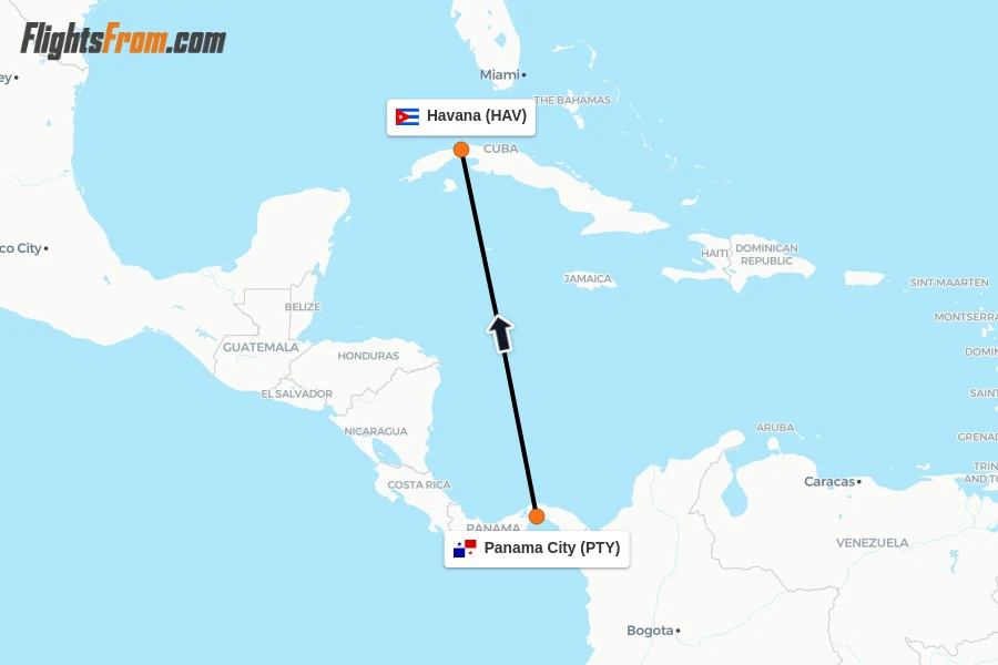 Flights from Panama City to Havana route map
