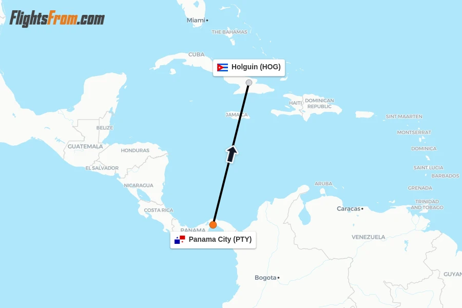 Flights from Panama City to Holguin route map