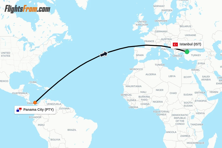Flights from Panama City to Istanbul route map