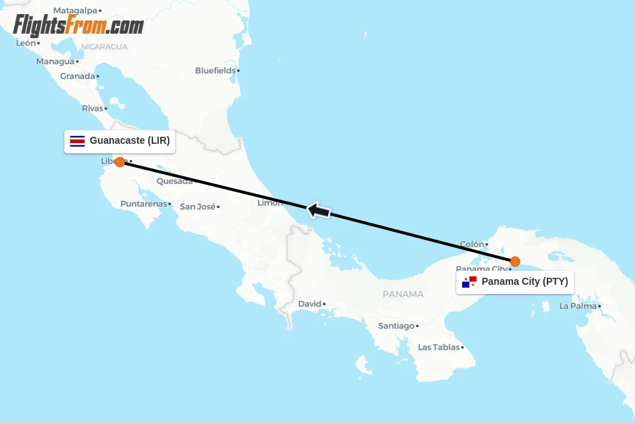 Flights from Panama City to Guanacaste route map