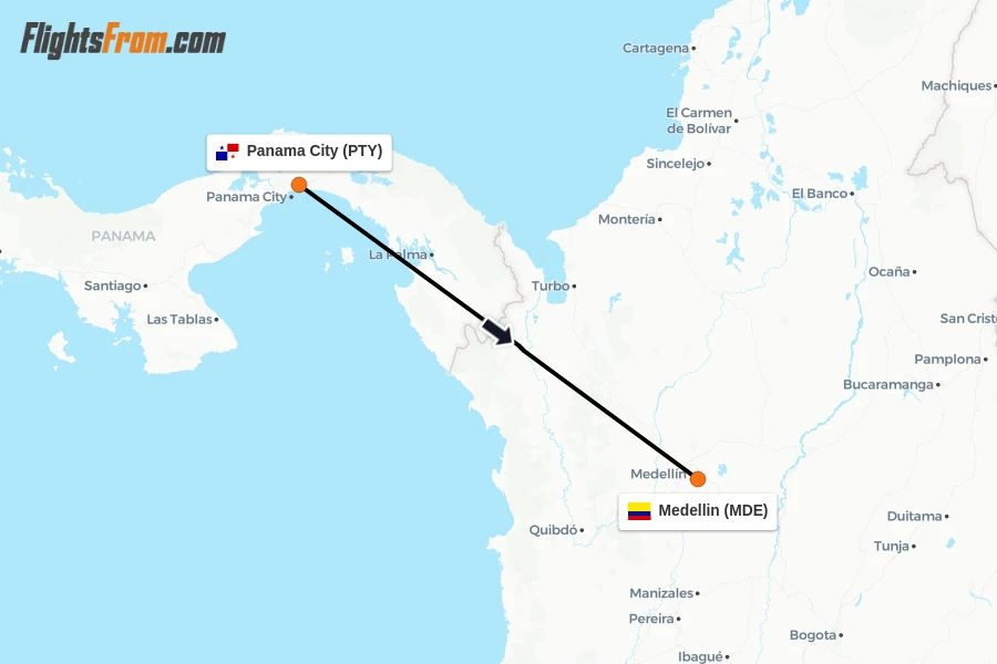 Flights from Panama City to Medellin route map