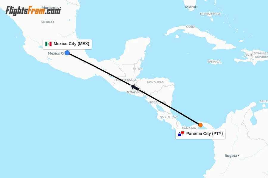 Flights from Panama City to Mexico City route map