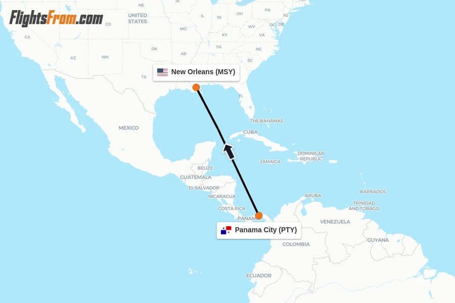 Flights from Panama City to New Orleans route map