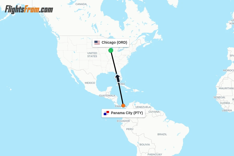 Flights from Panama City to Chicago route map