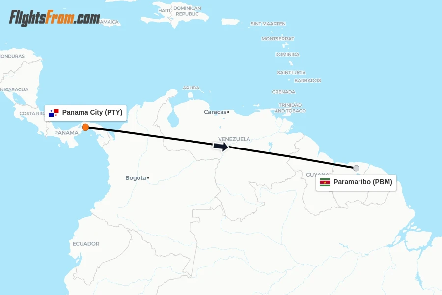 Flights from Panama City to Paramaribo route map