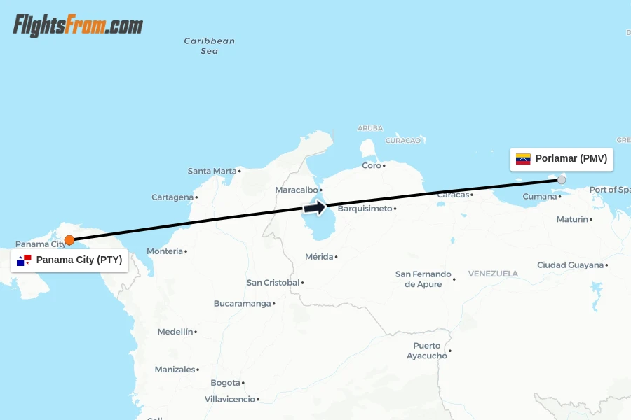 Flights from Panama City to Porlamar route map