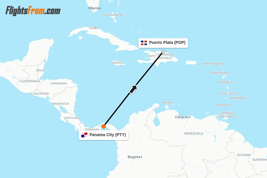 Flights from Panama City to Puerto Plata route map