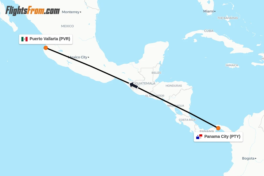 Flights from Panama City to Puerto Vallarta route map