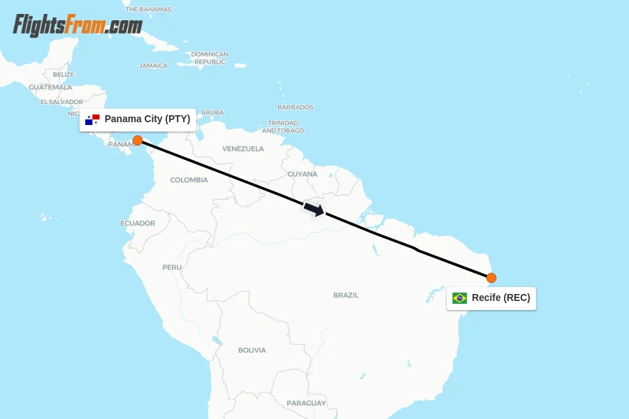 Flights from Panama City to Recife route map