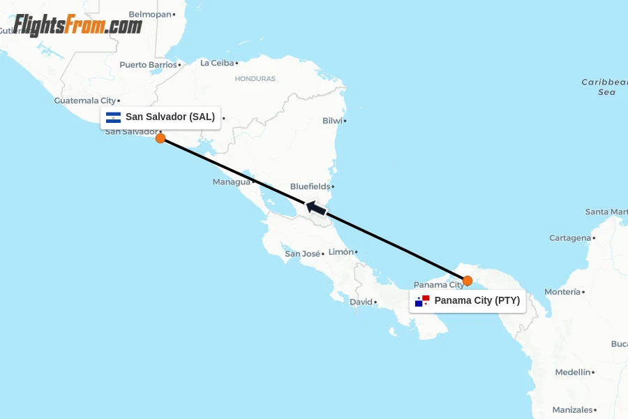 Flights from Panama City to San Salvador route map